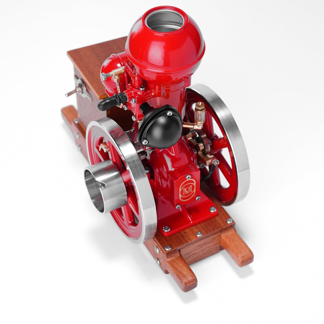 Miniaturowy model silnika z głowicą kulową, chłodzony wodą, jednocylindrowy, czterosuwowy silnik Hit and Miss, zestaw do montażu z systemem zapłonu i drewnianym stojakiem, dekoracja przemysłowa w