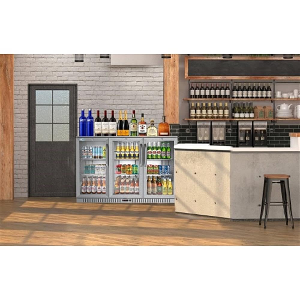 Pemberly Row 3-Door Stainless Steel Back Bar Cooler Refrigerator, Silver Finish, LED Lighting, Glass Doors, 11.3 Cu. Ft. Capacity, Adjustable Shelves, Commercial And Residential Beverage Storage on Fridge.com - View 2