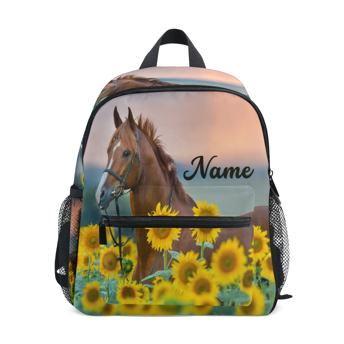SUABO Custom Flower Horse Toddler Backpack for Boy Girl Sunflower Preschool Bag for Children Personalized Kid's Name Bookbag