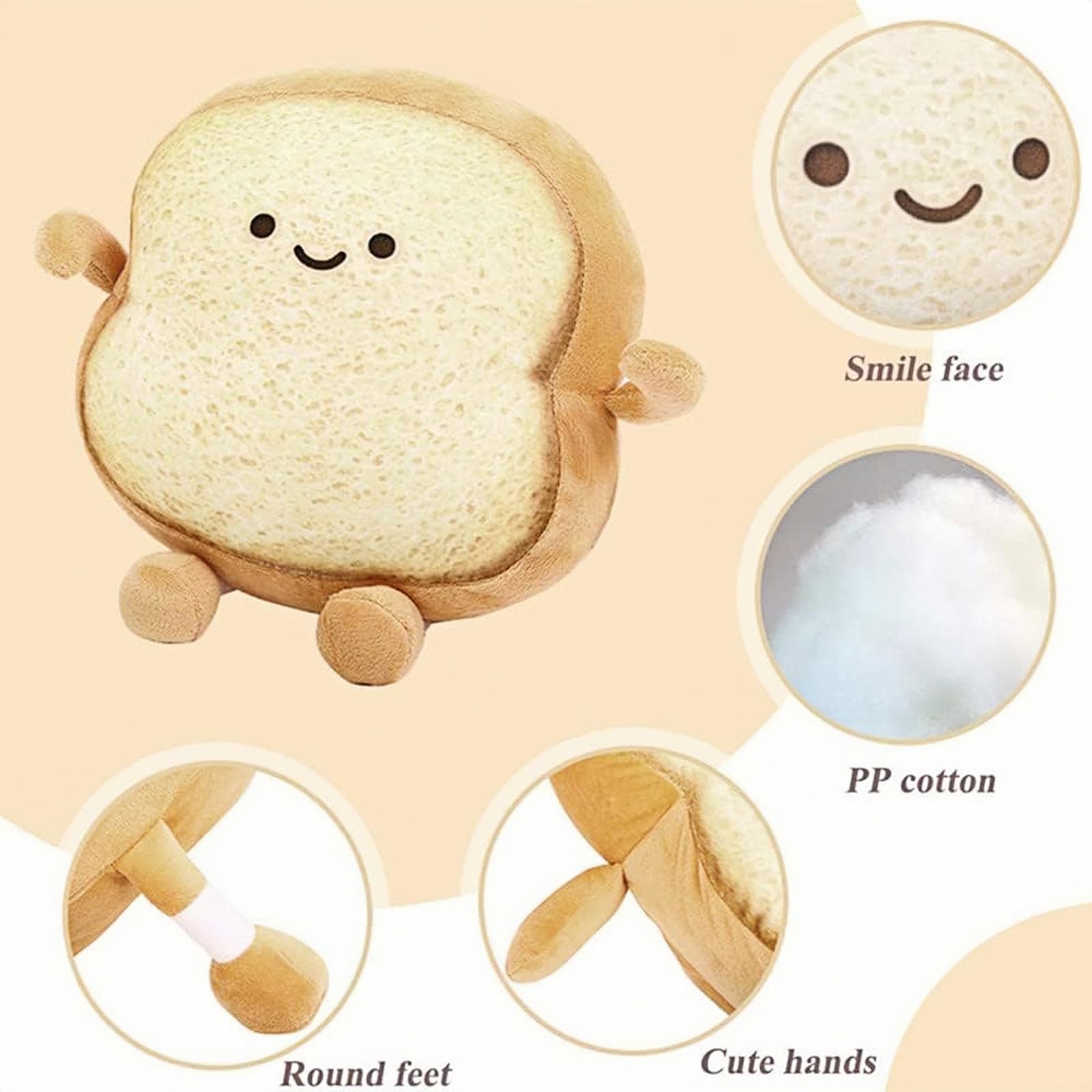 PGKDYC Cute Toast Plush Pillow (18x18x6cm), Soft Smile Face Plushie for Kids Snuggle Toy & Bedroom Decor - Image 4