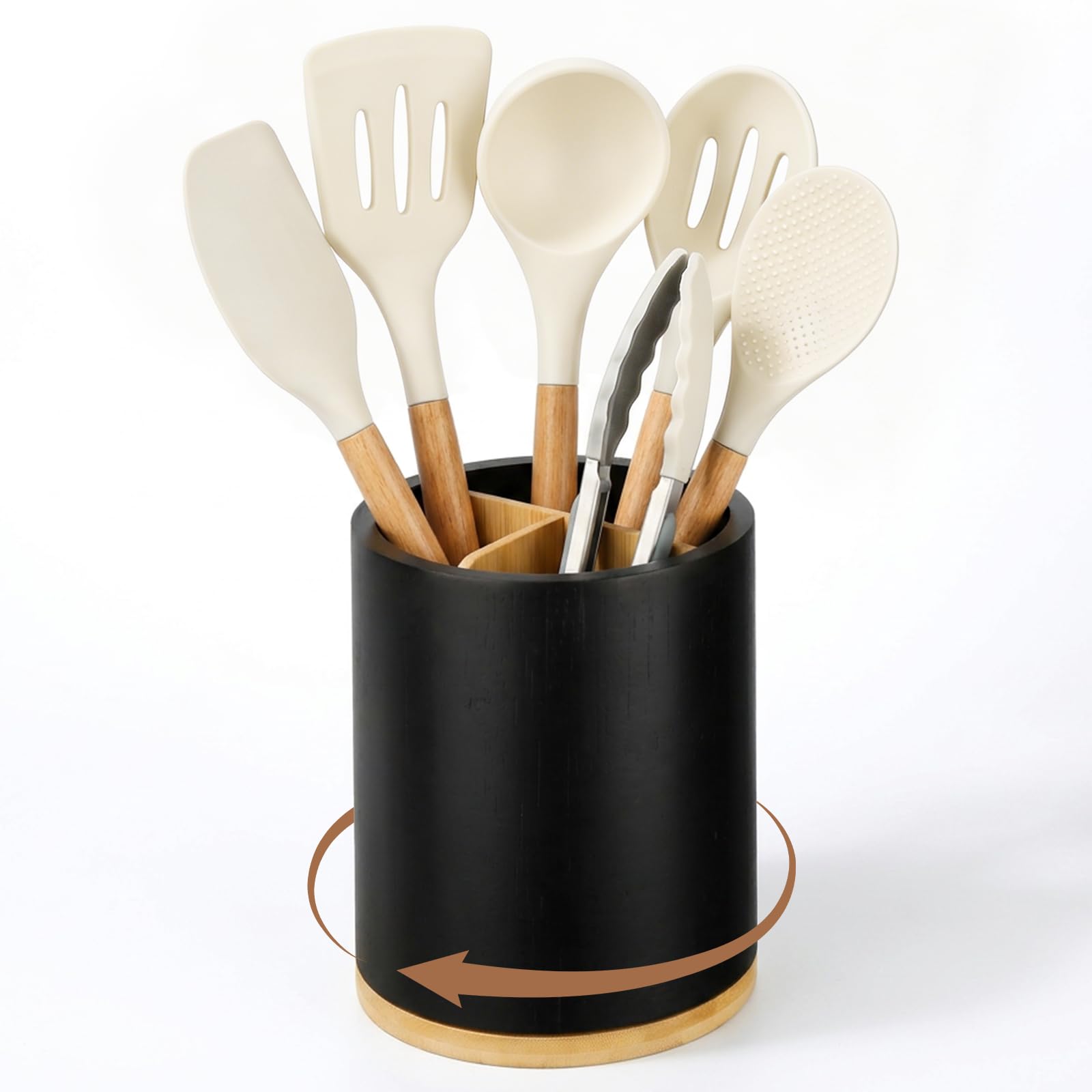 Voency Kitchen Utensil Holder, 360° Rotating Utensil Holder, Large Utensil Jar, Cutlery Spoon Storage Pot Kitchen Countertop Utensils Organiser for Kitchen Utensils, Cutlery Caddy, Spoons & Spatulas