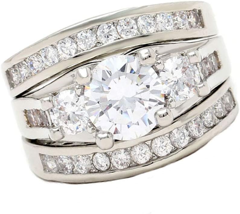 Ginger Lyne Collection Carli Wedding Ring Set for Women 3 Ring Bridal Set 3 Stone Engagement Ring with 2 Matching Wedding Bands for Her | White Gold Plated Bridal Jewelry for Women