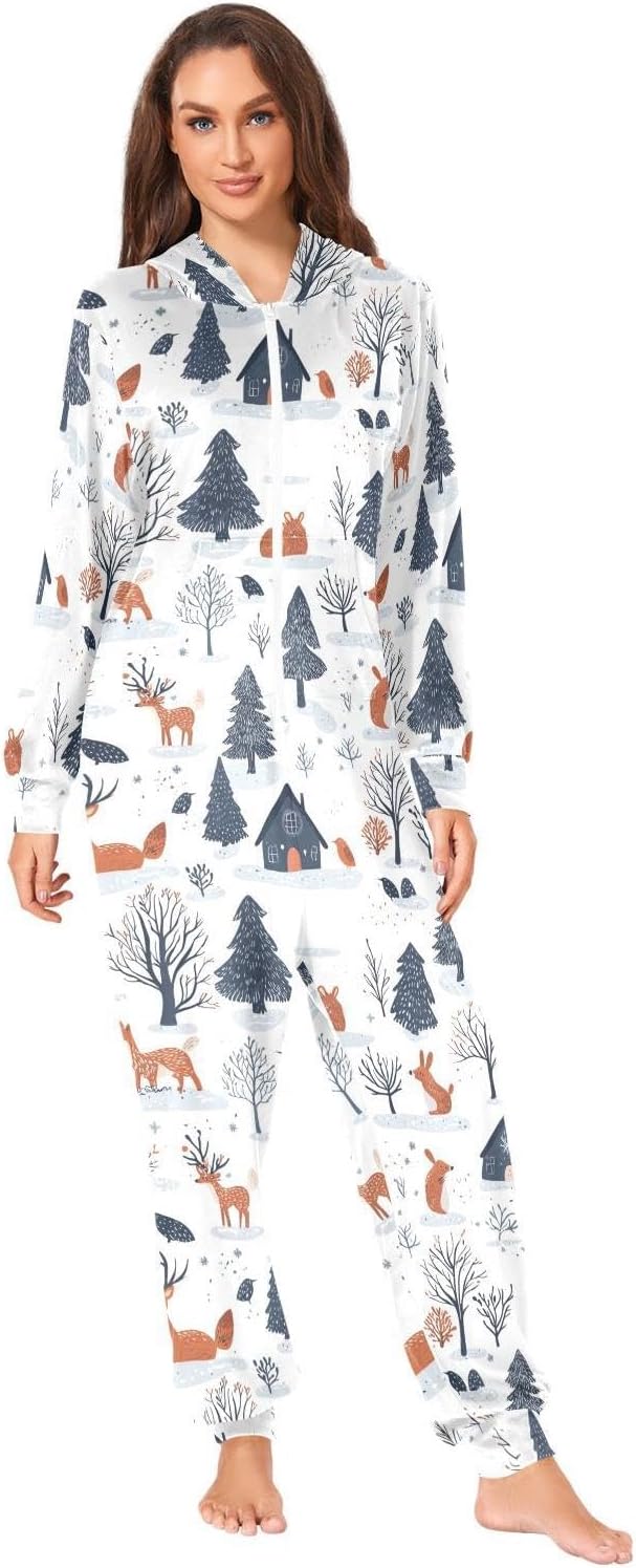 ZZKKO Snow Forest and Animals Adult Onesie Pajamas for Women Men Cozy One Piece Pajamas Costume Zip-Up Hooded S-XL