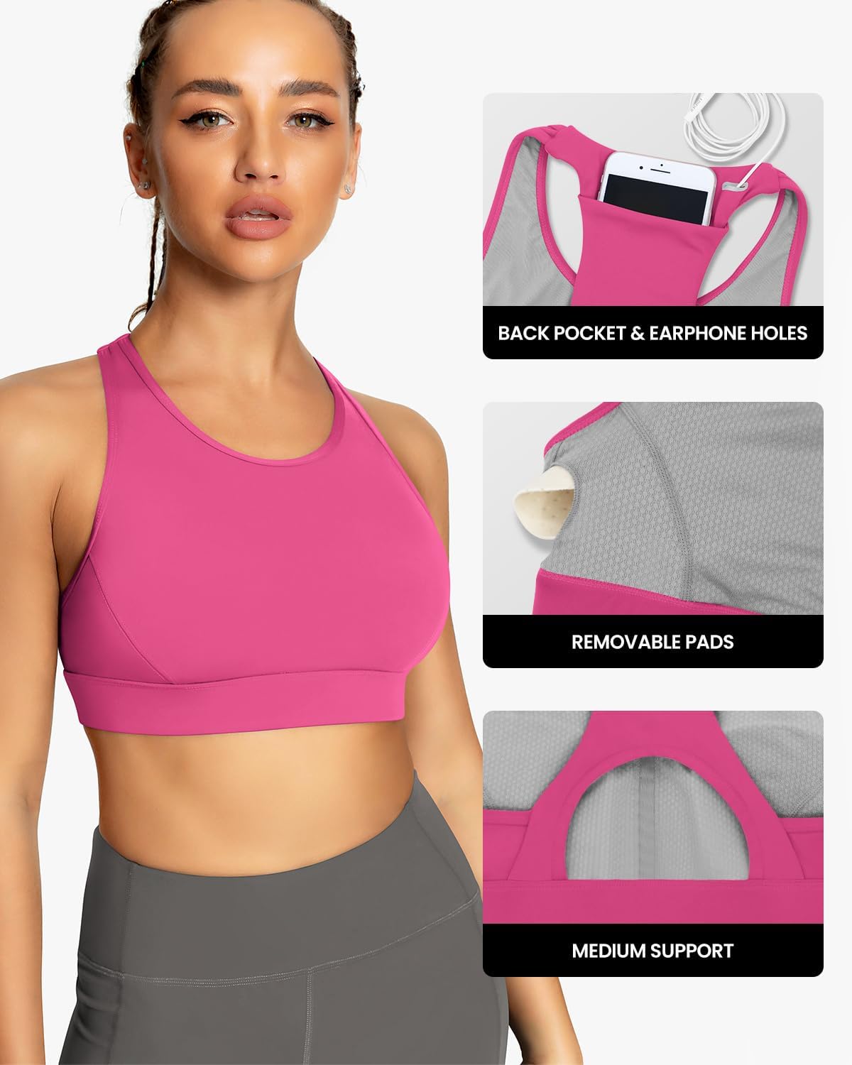 QUEENIEKE BareFlow Women's Sports Bras with Phone Pocket Medium Impact Padded Racerback Workout Gym Crop Top Running Yoga Bra