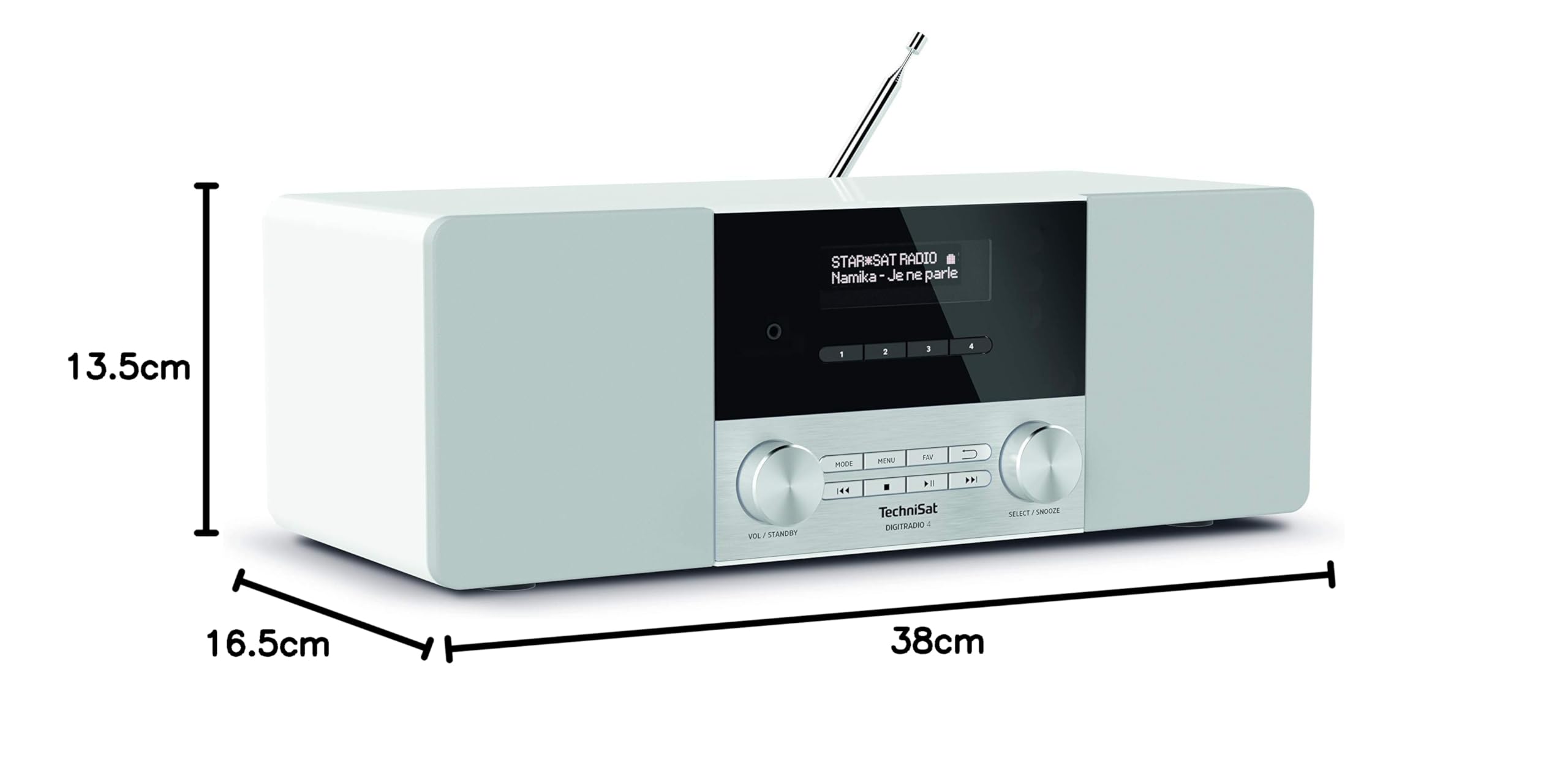 TechniSat DIGITRADIO 4 - Radio DAB stereo (DAB+, FM, streaming audio Bluetooth (ricezione), presa per cuffie, ingresso AUX, radiosveglia, display OLED, 20 watt RMS, altoparlante Elac) bianco