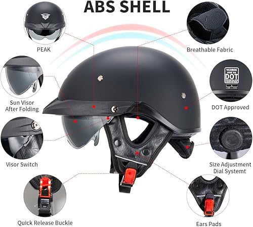 Miniatura 6 de VCOROS Half Helmets VHF04 - Parasol de cara abierta para motocicleta, hebilla de liberación rápida, ajustable, aprobado por DOT, para ciclismo,