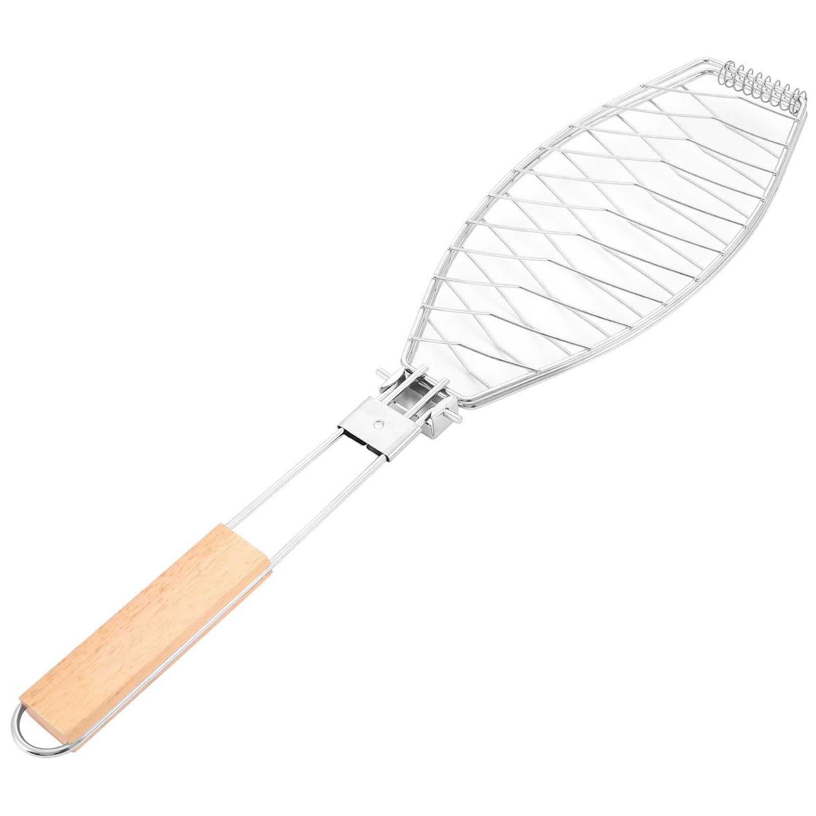 Tsophreniq Foldable Steel Grilling Basket BBQ Clip Net with Natural Wood Handle for Seafood Vegetables Meat Grilling Foldable Meat Vegetable BBQ Basket