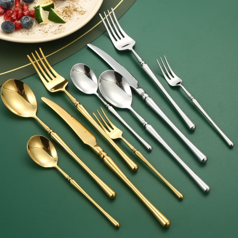 Luce Luminosa Manico Cucina Acciaio Inox Argenteria Stoviglie Posate Set Bistecca Coltello Forchetta Cucchiaio Cucchiaino (Oro,20 pezzi)