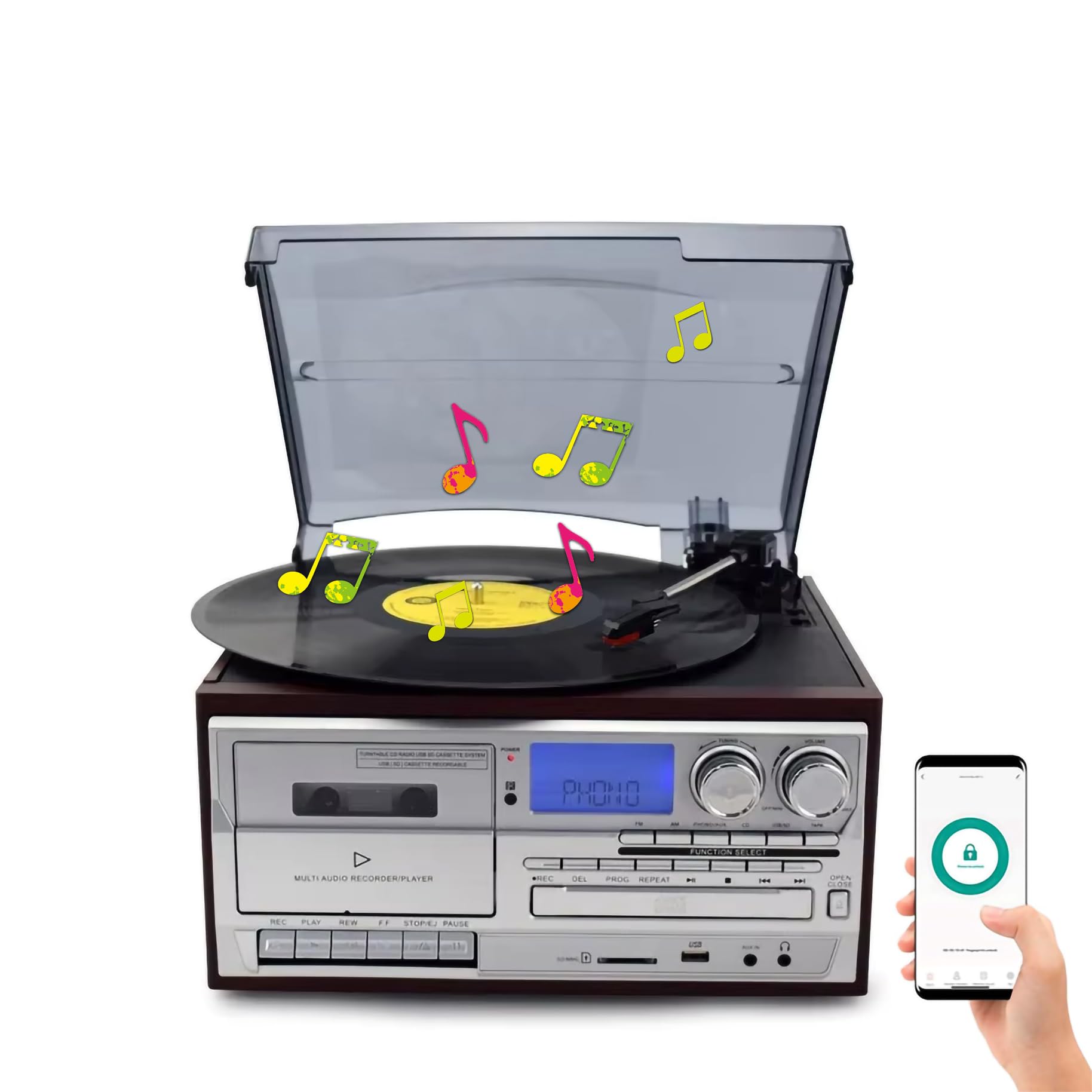 Giradischi in Vinile a 3 velocità Regolabili con Bluetooth, CD, Cassette, Radio FM/AM, Riproduzione USB/SD, Ingresso AUX, Uscita Cuffie e Audio, fonografo Vintage,Brown