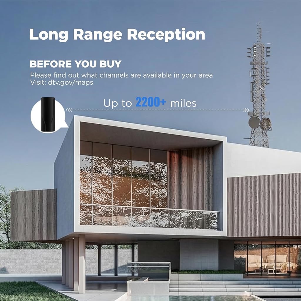 2026 High Gain ATSC Digital HD TV Antenna Indoor Outdoor, 2200+ Miles Range for Local Channels,TV Antenna for Smart TV with Signal Booster Compatible with Older TVs，4K 1080p Ready (Raven Black) — view 2