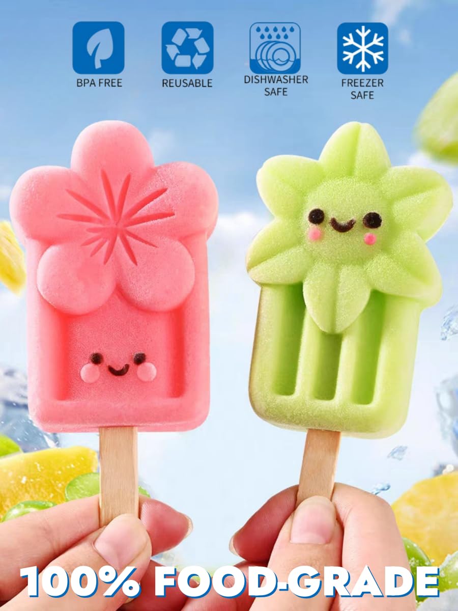 Silicone Small Popsicles Molds with 50 Wooden Sticks, Easy-release Cute Flower Homemade Ice Pop Molds Set, BPA Free (Style A)