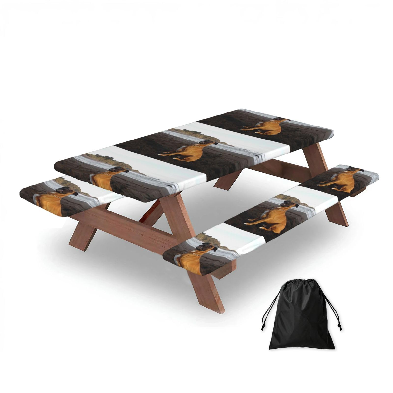 Dopklna As Picture Beach Brown Boxer Dog Portrait, Picnic Table Cover With Bench Covers -Waterproof Elastic Fitted Tablecloth For Garden Camping Patio 76X152cm
