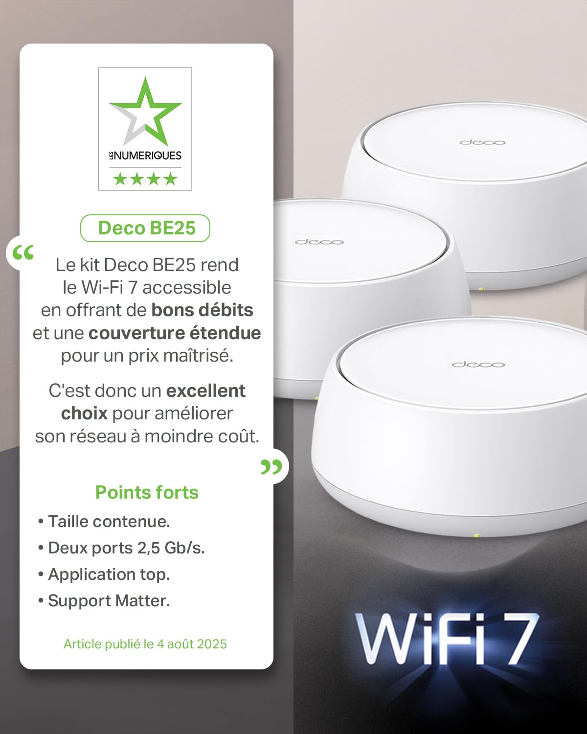 Vue du routeur TP-Link Deco BE3600 avec ses ports 2.5 Gbps et ses antennes.