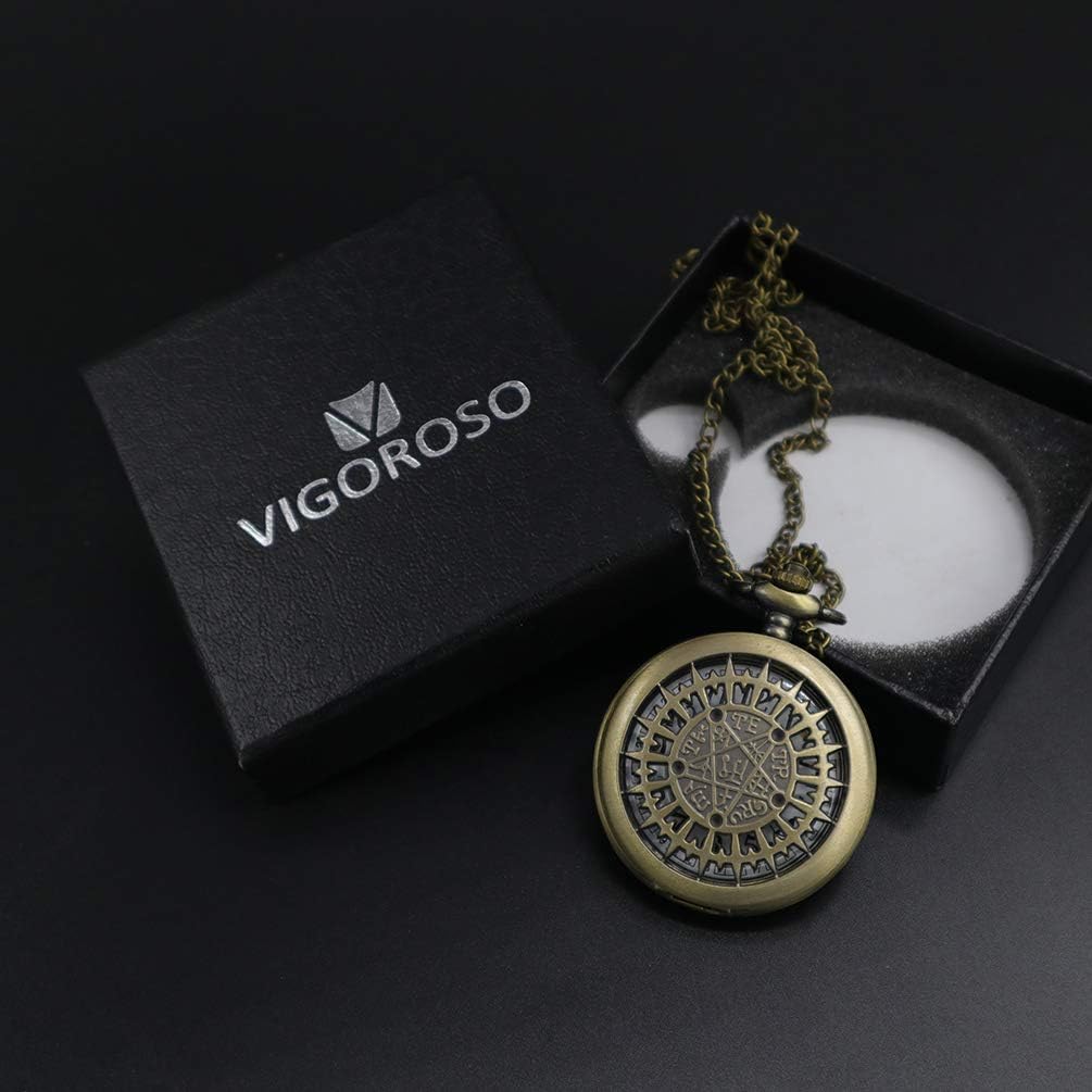 VIGOROSO Mens Vintage Pocket Watch for Men Antique Quartz Pocket Watches with Chain Steampunk Flip Cover Arabic Numerals Birthday Christmas Halloween for Dad Grandpa Grandma Gift for him her