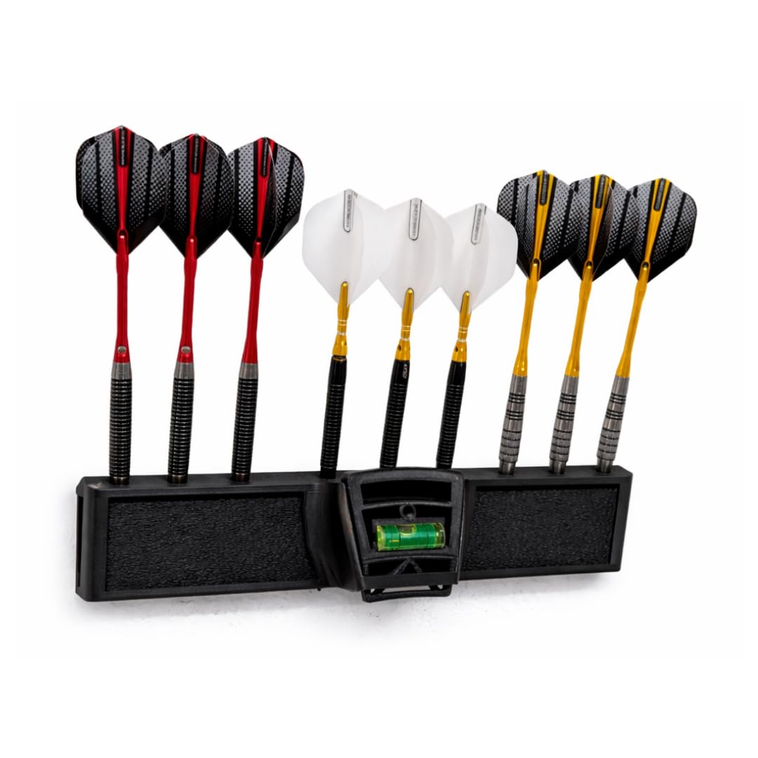Triformia Dart Holder Wall Mounted – Holds 9 Darts | Includes Dartboard Spirit Level | Easy Install Marking Guides & Screw Spacer | Dart Storage Rack for Home Dart Setup