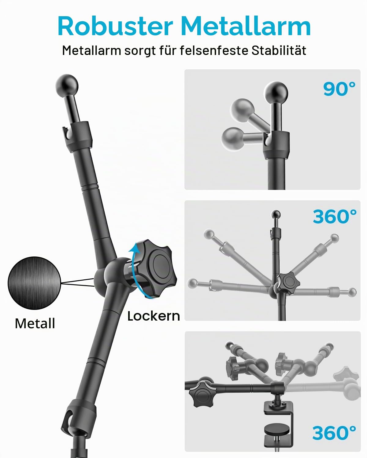 16" Tablet Halterung Tisch, [Metallarm] 360° Verstellbare Tablet Ständer Arm für Küche/Schreibtisch/Bett/Küchenschrank, iPad Halterung Klemme für iPad Pro Air Mini, Galaxy Tab, E-Reader 4,7-16" Geräte