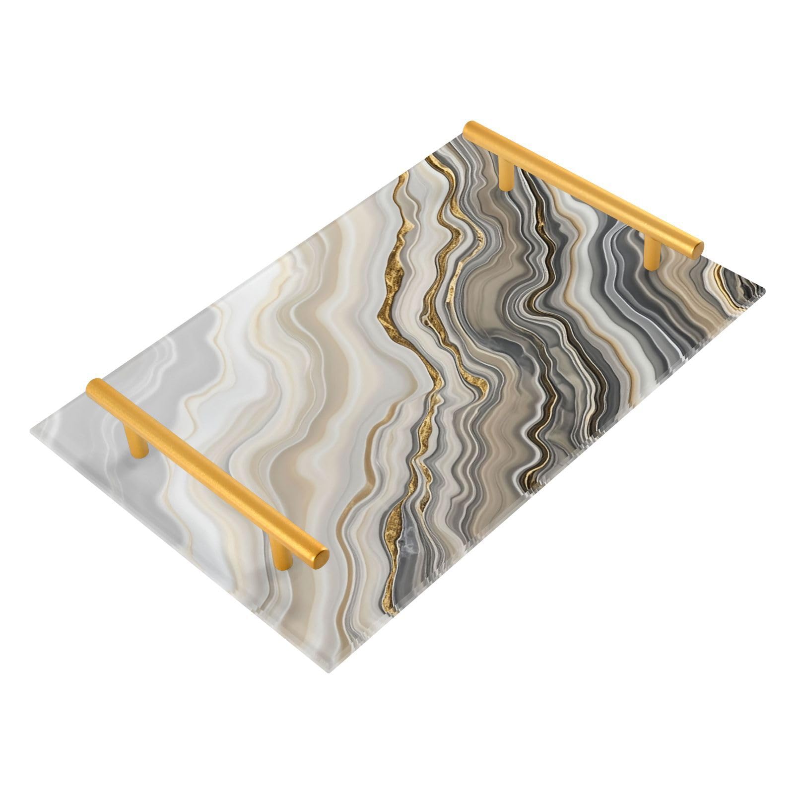 Gredecor Marble Decorative Vanity Tray for Bathroom, Grey Marble Counter Kitchen Coffee Trays, Golden Veins Acrylic Rectangle Jewelry Perfume Makeup