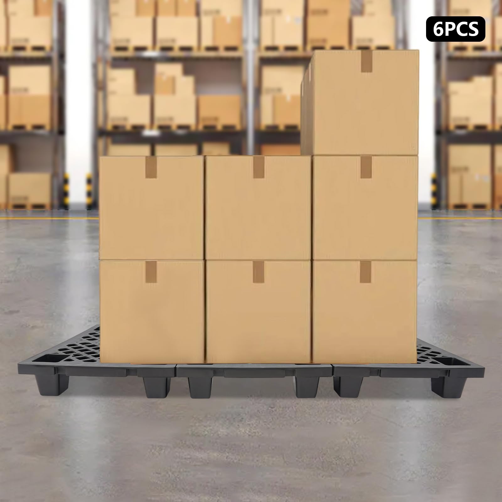 Set di 6 pallet in plastica, 60x40x10 cm Impilabili Pallet leggeri con fondo goffrato e chiusura a scatto per magazzino, logistica, esterno, cucina, ripostiglio, fino a 100 kg (Nero)