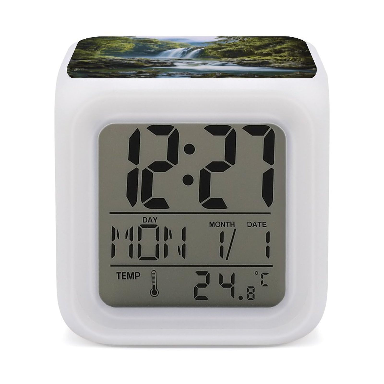 Reloj despertador con luz y paisaje de cascada para mesa de noche