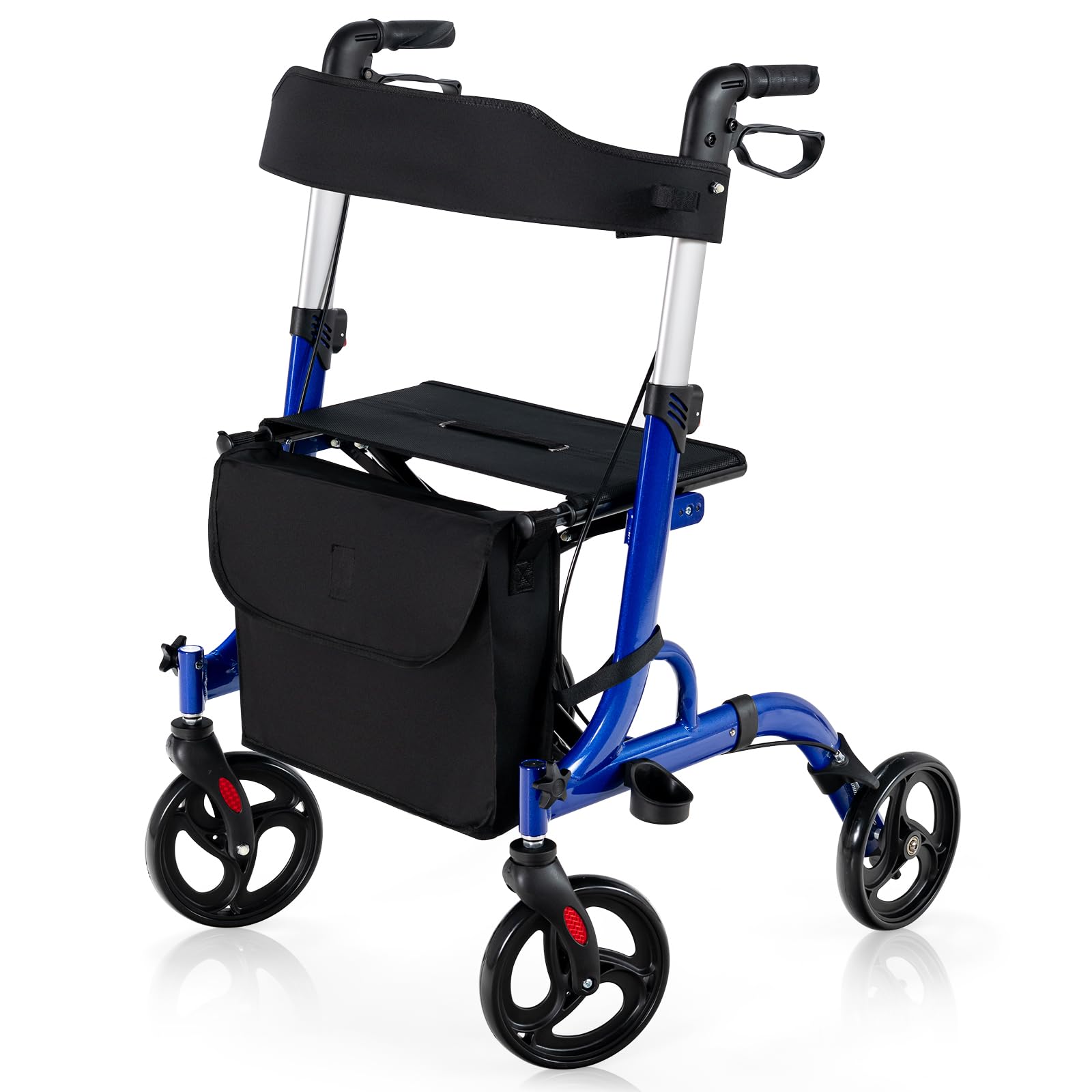 COSTWAY 2 en 1 Andador para Ancianos con Asiento, Andador Rodante Plegable con Ruedas de 20 cm, Aleación de Aluminio, Manijas Ajustables, Sistema de Doble Freno, Bolsa de Almacenamiento (Azul)