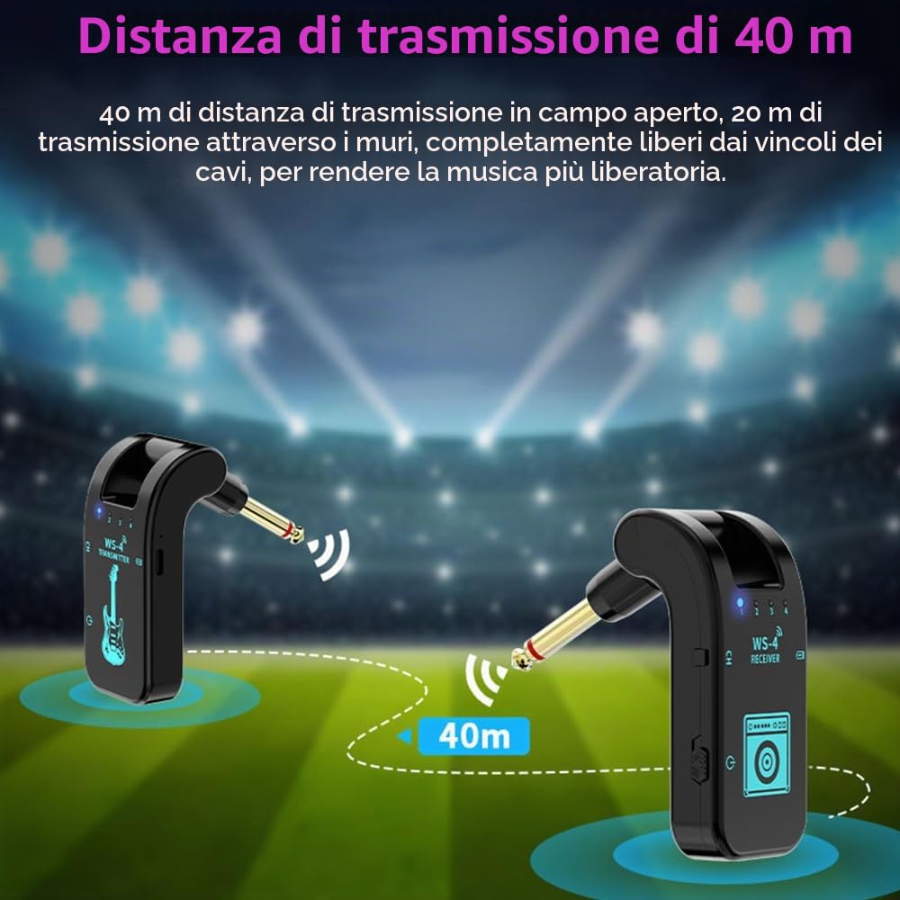 Kavolet di chitarra wireless 2,4 G, trasmettitore e ricevitore ricaricabili, con 10 ore di durata della batteria, Plug and Play, trasmissione in tempo reale 48 K/16 bit, spina girevole a 282