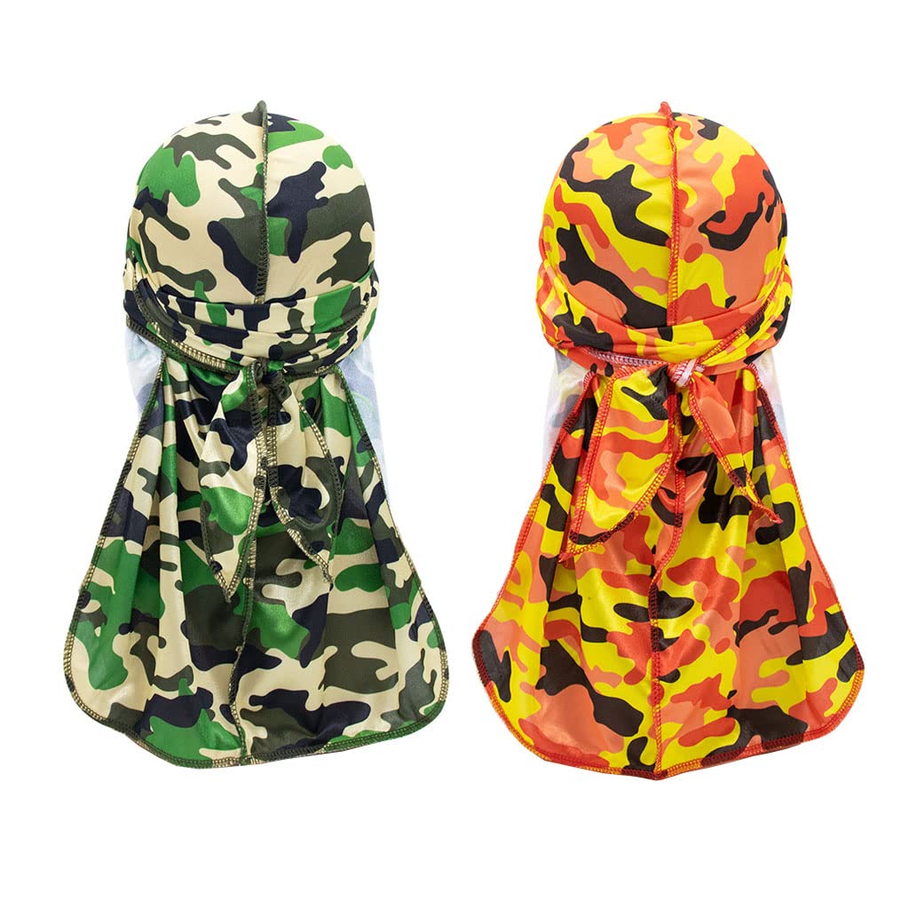Camelliass Men's Green + Orange 2Pcs Camouflage Silky Durags For Wo, Long Tail Durag 360 Waves Headwraps Cap Pirate Bandanas Turban (Green + Orange)