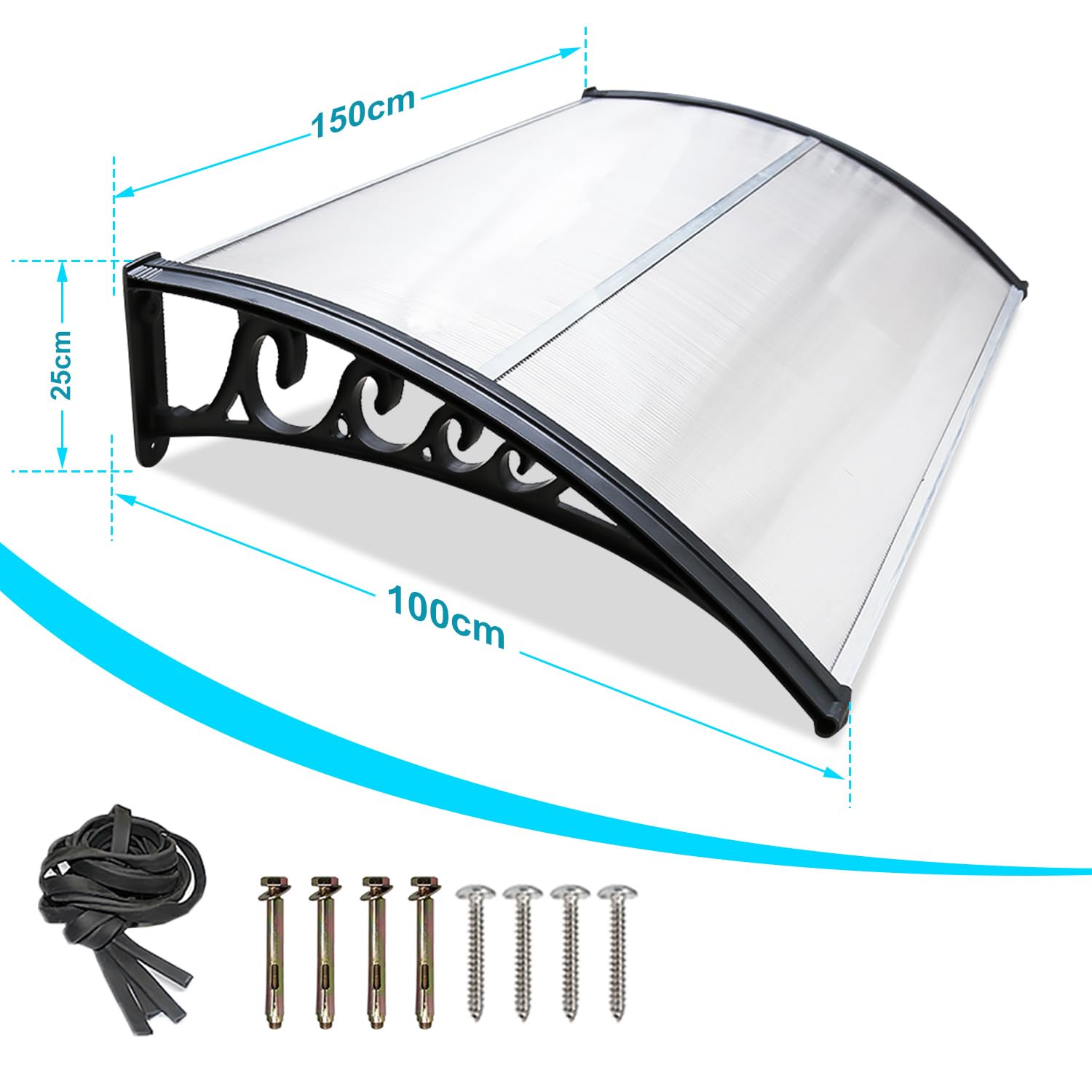 𝗝𝗮𝘆𝘀𝗲𝘂𝘄 Vordach Haustür 150 x 100 cm, transparentes PC Haustür Vordach mit Aluminiumrahmen, Überdachung Balkon mit UV-Schutz, Regenschutz für Eingang, Balkon, Fenster, Terrasse
