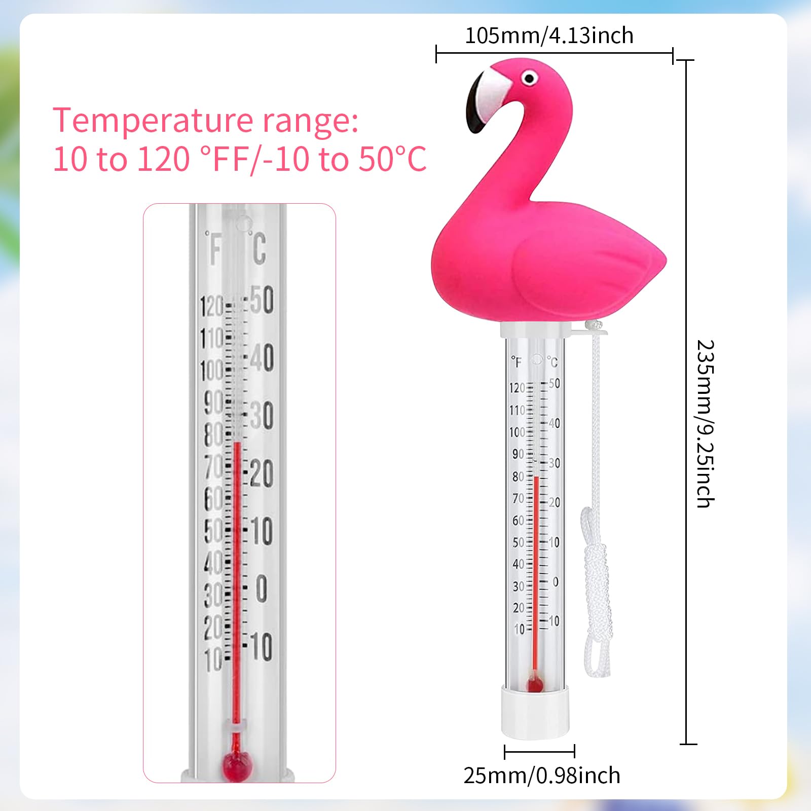 Thermomètre à eau flottant, thermomètre de bain flamants roses, thermomètre de piscine avec corde, thermomètre de piscine de dessin animé, thermomètre de température de l'eau pour piscines, jacuzzi