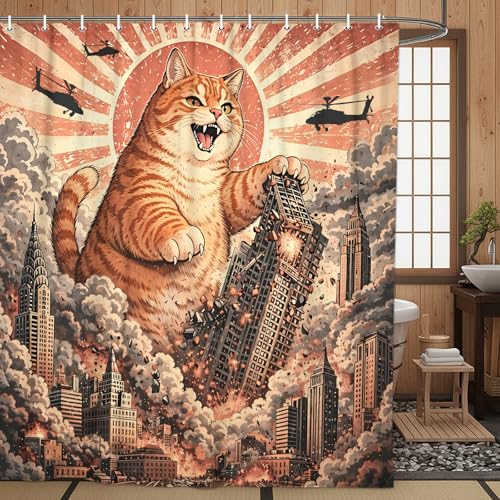 Image of Funny Chubby Orange Cat Monster Shower Curtain, Vintage Japanese Sunset Cityscape Anime Bathroom Decor, Waterproof Fabric Bath Curtain, Fun Animal Shower Curtain for Kid Bathroom, 72x72 Inches