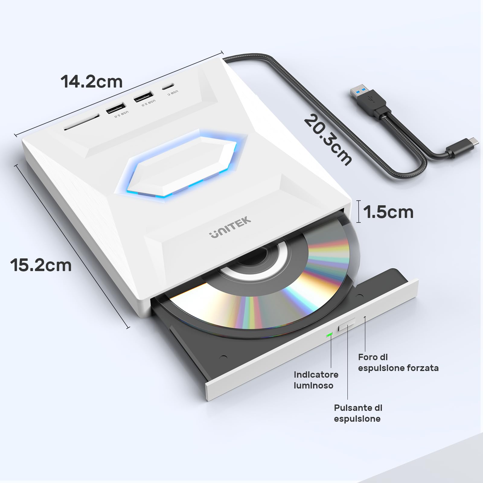 UNITEK Masterizzatore esterno USB 3.0&Type C Unità CD/DVD esterna -/+RW con slot per scheda SD per PC Laptop, Desktop, Portatile, Macbook Pro/Air per Windows 11/10/8.1/7/XP/Vista/Linux/MacOS