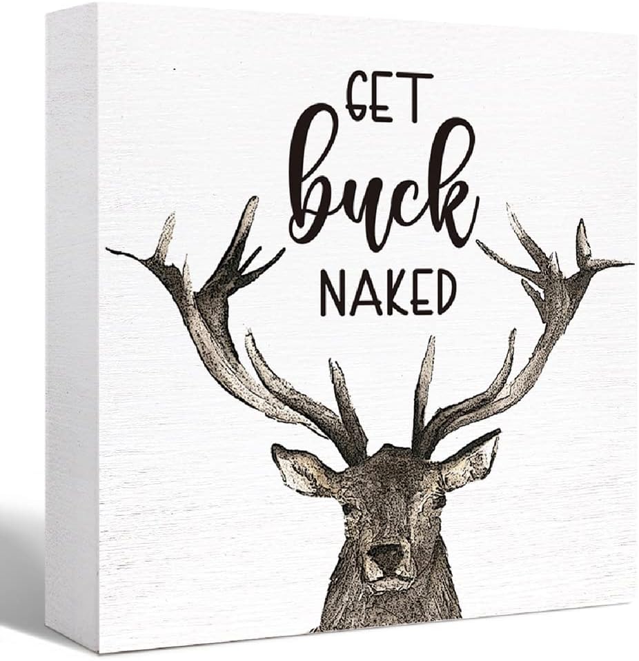 SJNH Get Buck Naked Elk Bathroom Sign Decor,Funny Deer Bathroom Wooden Block Sign for Toilet Restroom Shelf Decor