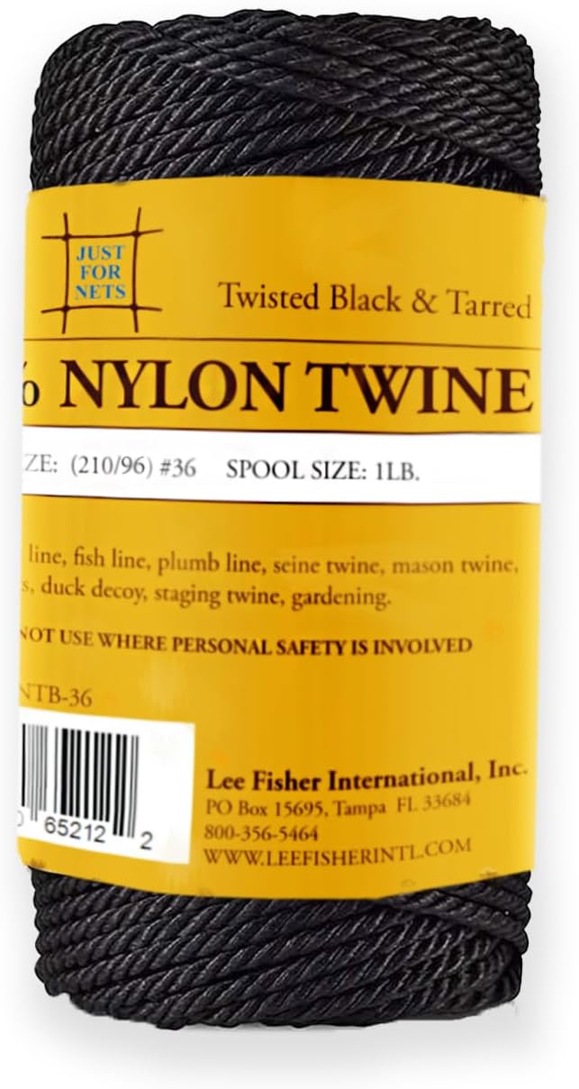 Just For Nets Twisted Tarred Nylon Bank Line Twine, Black, 1lb Spool - Heavy Duty String for Net Repair, Camping, Trot Line Fishing, Bushcraft Cordage (#42-1lb Spool)