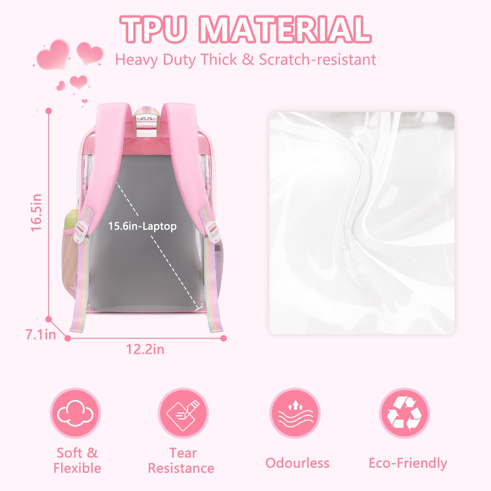 MOONBABY Lovely Clear Backpack for School Girls, Heavy Duty TPU Transparent Backpack Stadium Events Approved, Clear Bookbag, Pink