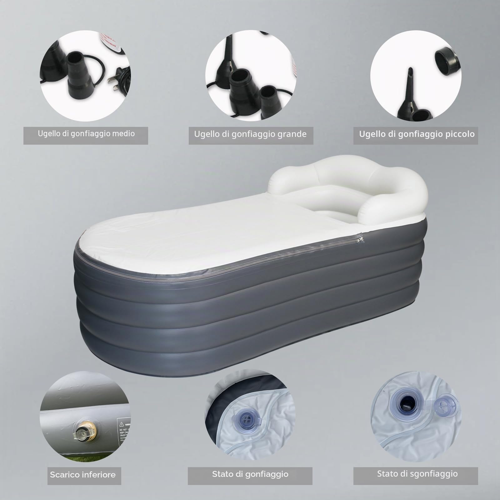 Vasca da bagno gonfiabile per adulti, grande vasca da bagno portatile, spa, ammollo con chiusura lampo, progettata con poggiatesta, portabevande (Grigio Scuro,168x76x68cm)