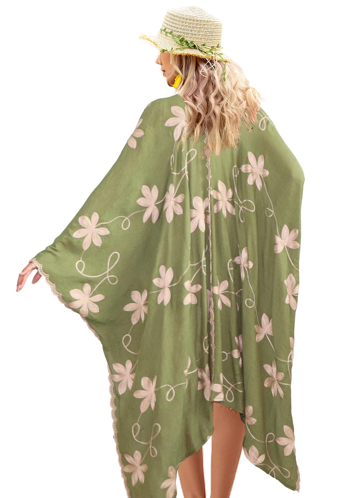 Coton Brodé Floral Kimono Plage Femme Loose Caftan Boho Beach Bikini Cover Up Long Shawl pour Femme