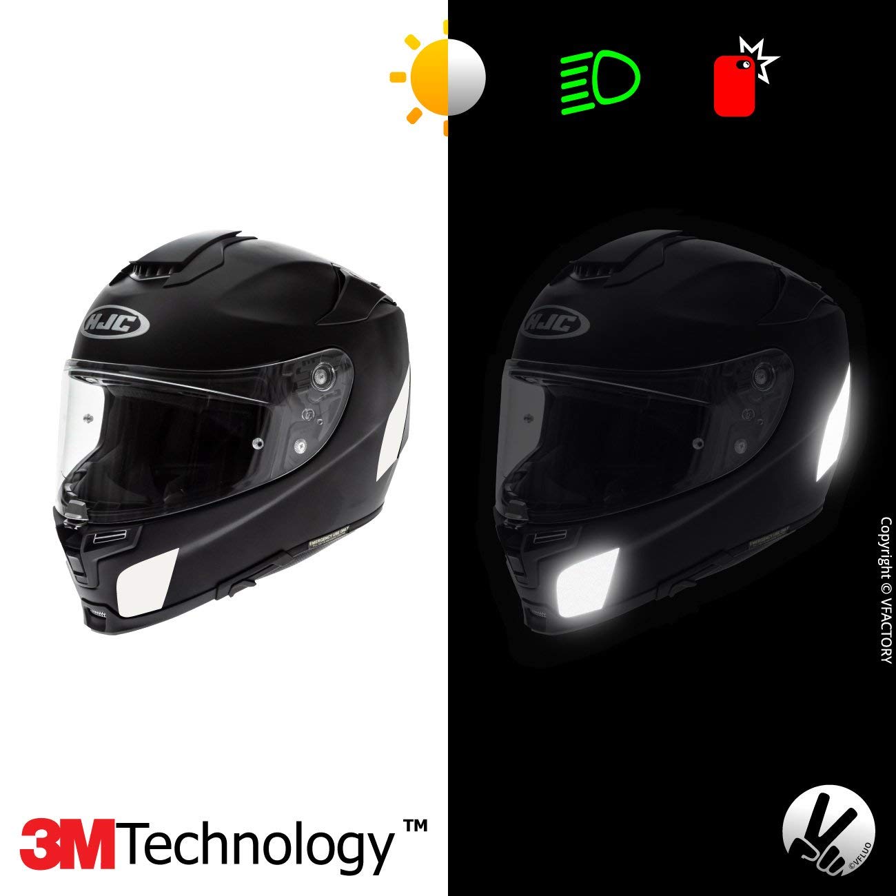 VFLUO Rpha70™, 5 autocollants rétro réfléchissants pour casque de moto HJC Rpha70, adaptables à tous les types de casques, 3M Technology™, Blanc