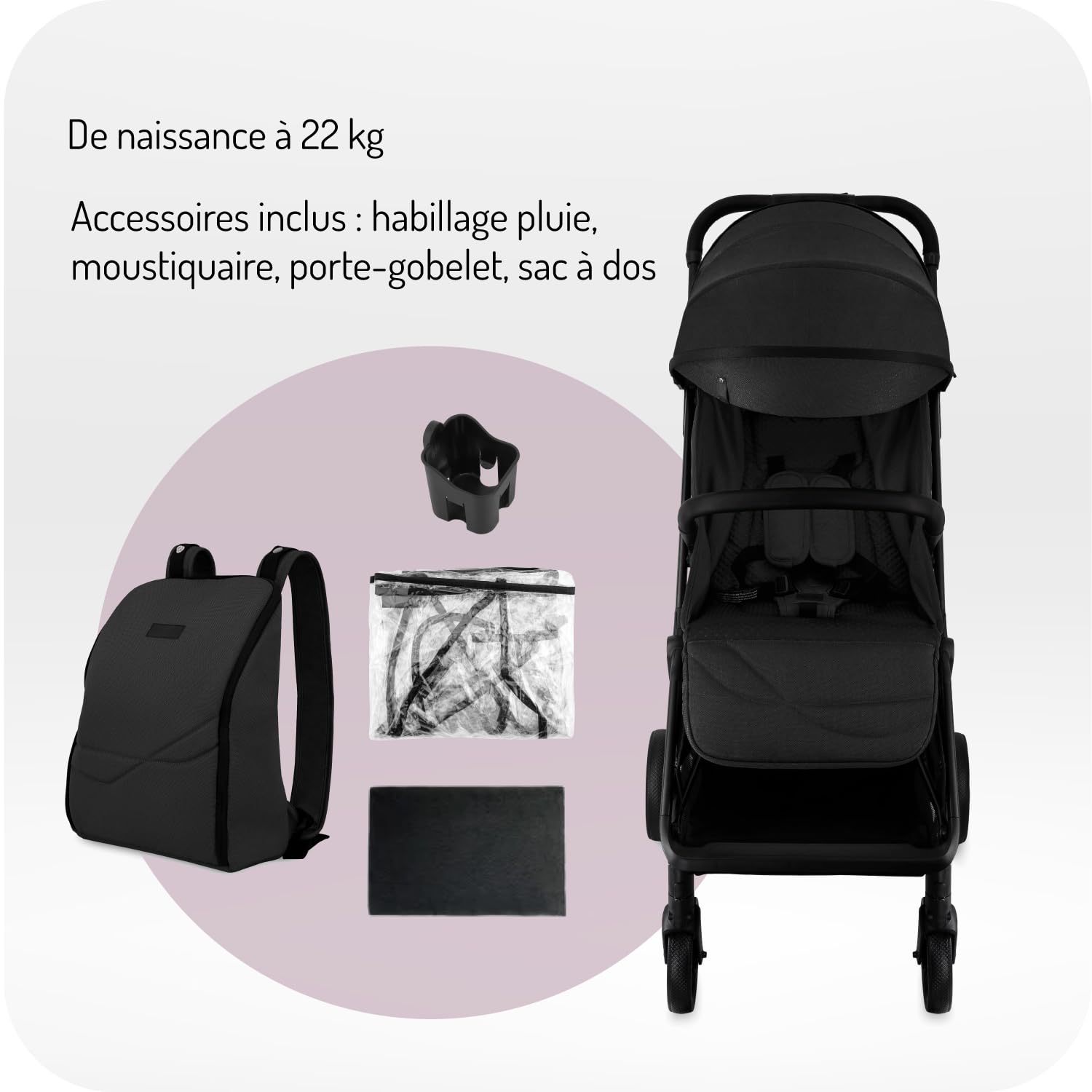 MoMi ANDREA Poussette Compacte Pliage Automatique Jusqu'à 22 kg | Harnais 5 Points, Roues EVA Increvables, Capote UPF 50+, Sac à Dos, Porte-Gobelet, Moustiquaire et Habillage Pluie
