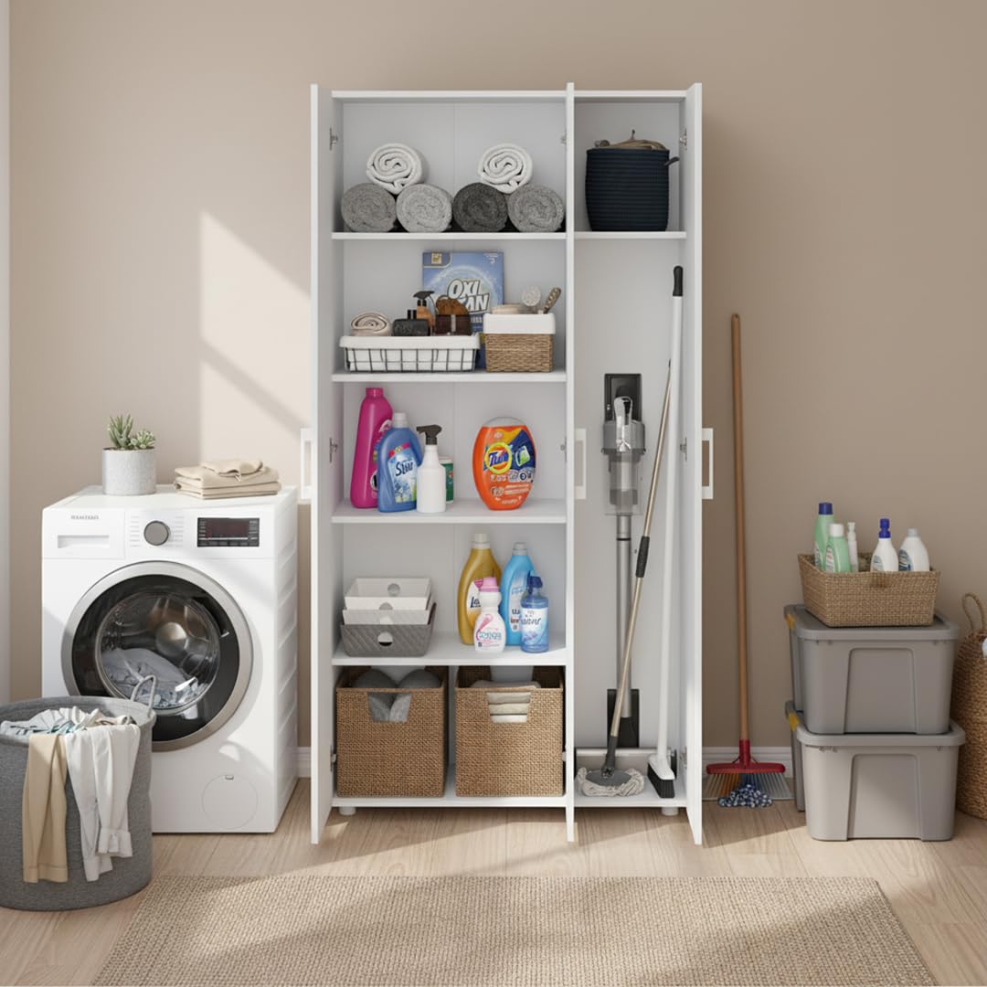 Bellamio Apol Mehrzweckschrank Weiß – Besenschrank 90 cm breit mit Stauraum – Putzschrank mit Staubsaugerfach – Vorratsschrank Küche - Aktenschrank aus Holz - Flurschrank – Aufbewahrungsschrank