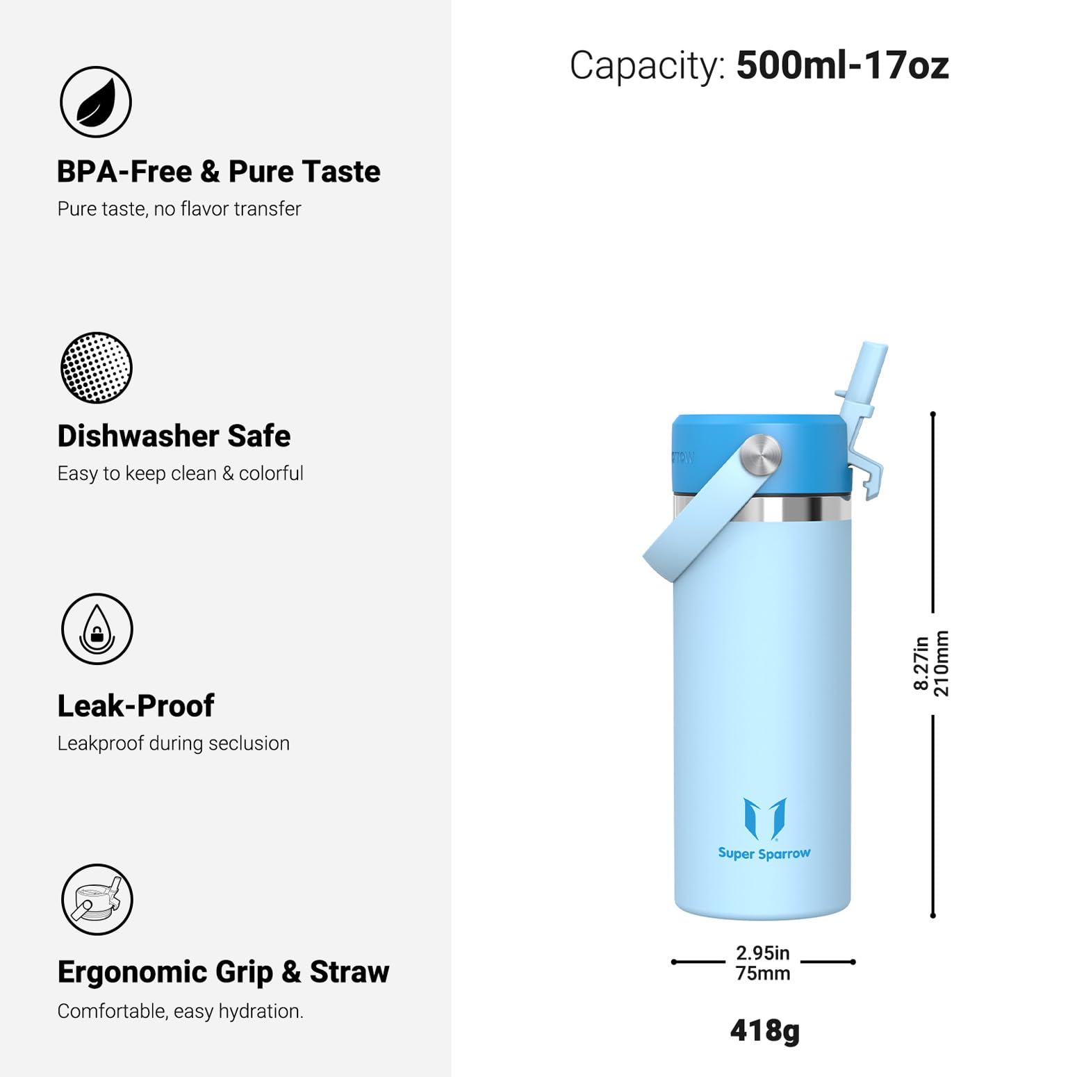 Sparrow Kids Insulated Water Bottle with Straw 500ml Metal Water Bottles, Frost, 500 ml - Image 3