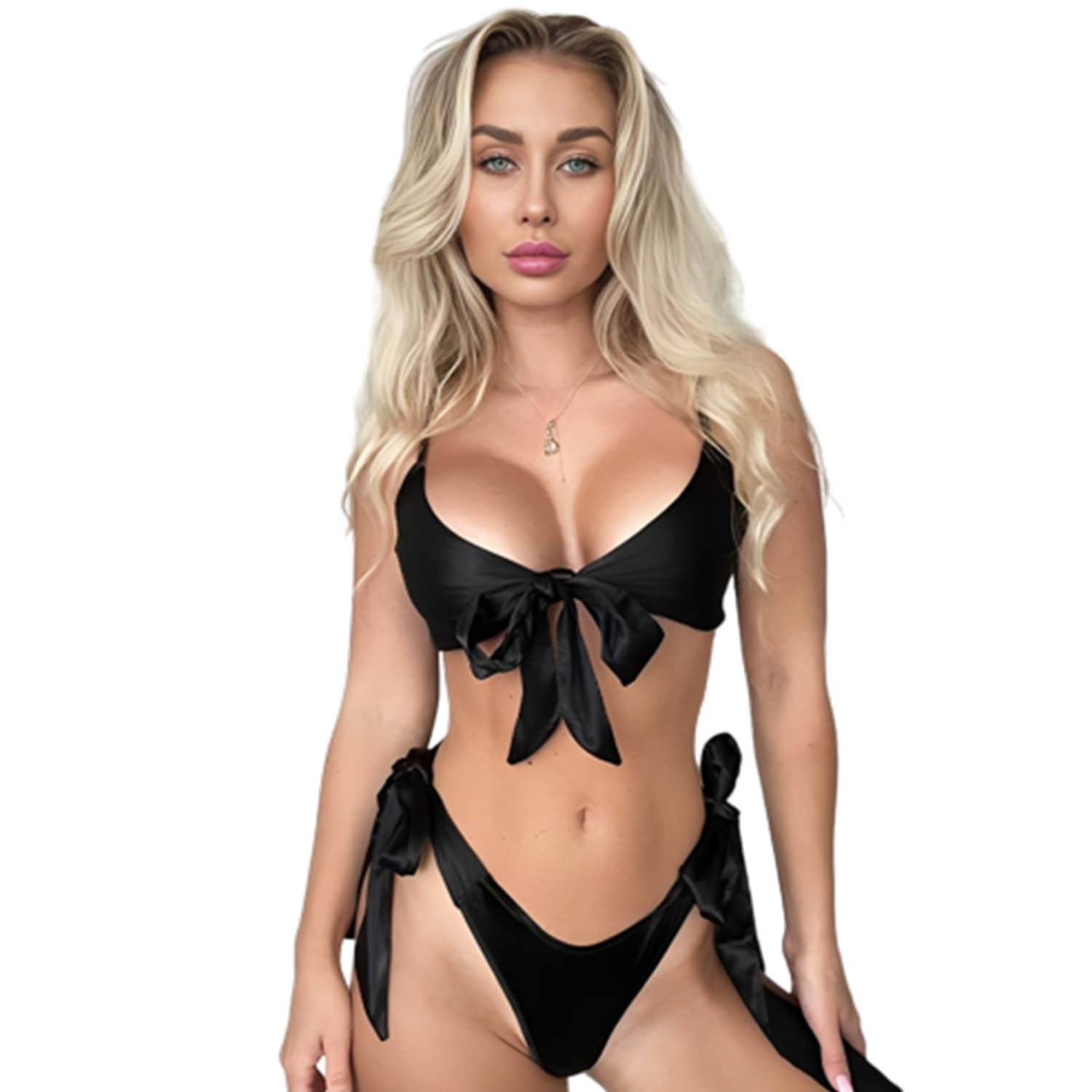 Two-Piece Swimsuit Set with Bow-Tie Detail, Black Bikini with Side-Tie Bottom