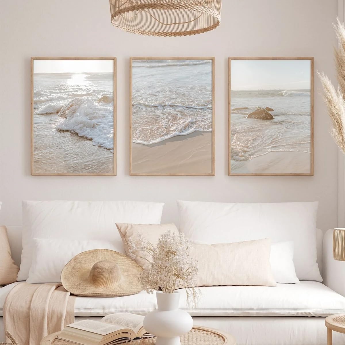 Splendide stampe su tela in stile bohémien sui toni neutri del beige raffiguranti un paesaggio marino con spiaggia, poster dell'oceano e decorazioni moderne per la casa (70x100 cm x 3/senza cornice)