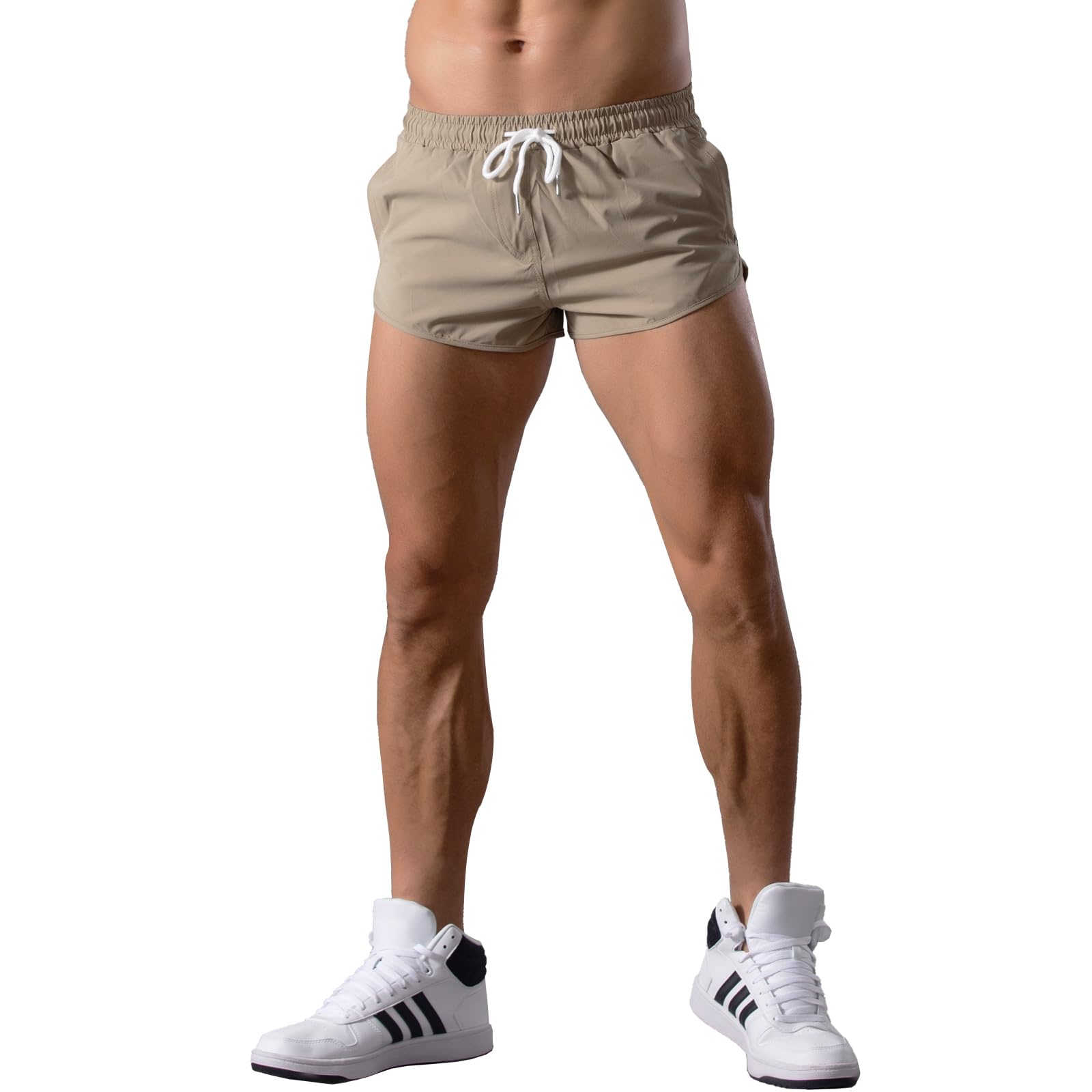 GENEMEN Mens Running Shorts 3 Inch Gym Short Shorts Quick Dry Athletic Workout SweatShorts with Pockets (Khaki, XL)
