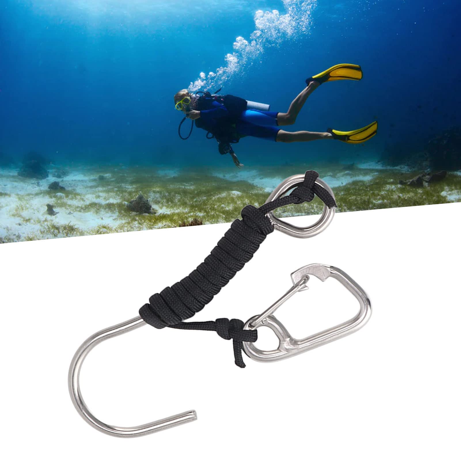 Diving Stainless Steel Single Hook Diving Hook with Lanyard Quick Release Buckle (Black)
