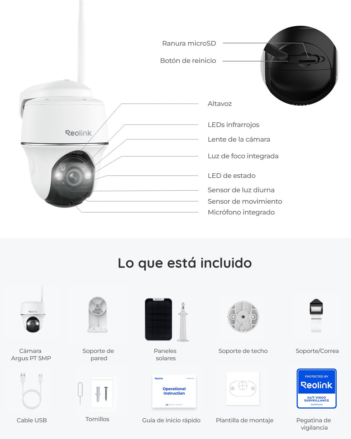 Reolink 5MP Camara Vigilancia WiFi Exterior, 360° Solar Cámara IP Sin Cable | Detección Smart, Audio de 2 Via, Almacenamiento local/nube, Acceso Remoto, Compatible con Alexa, Argus PT con Panel Solar