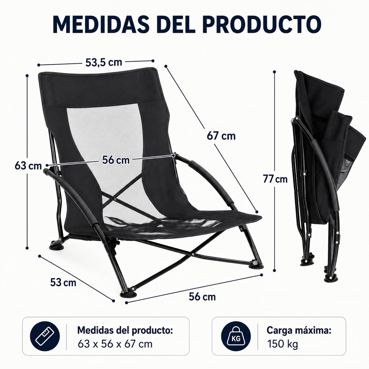 T-LOVENDO.ES Silla Plegable Baja de Playa y Camping/Portátil y Compacta/Respaldo Transpirable/Reposabrazos Acolchados/Estructura de Acero Robusta/Patas Antideslizantes/hasta 150 kg