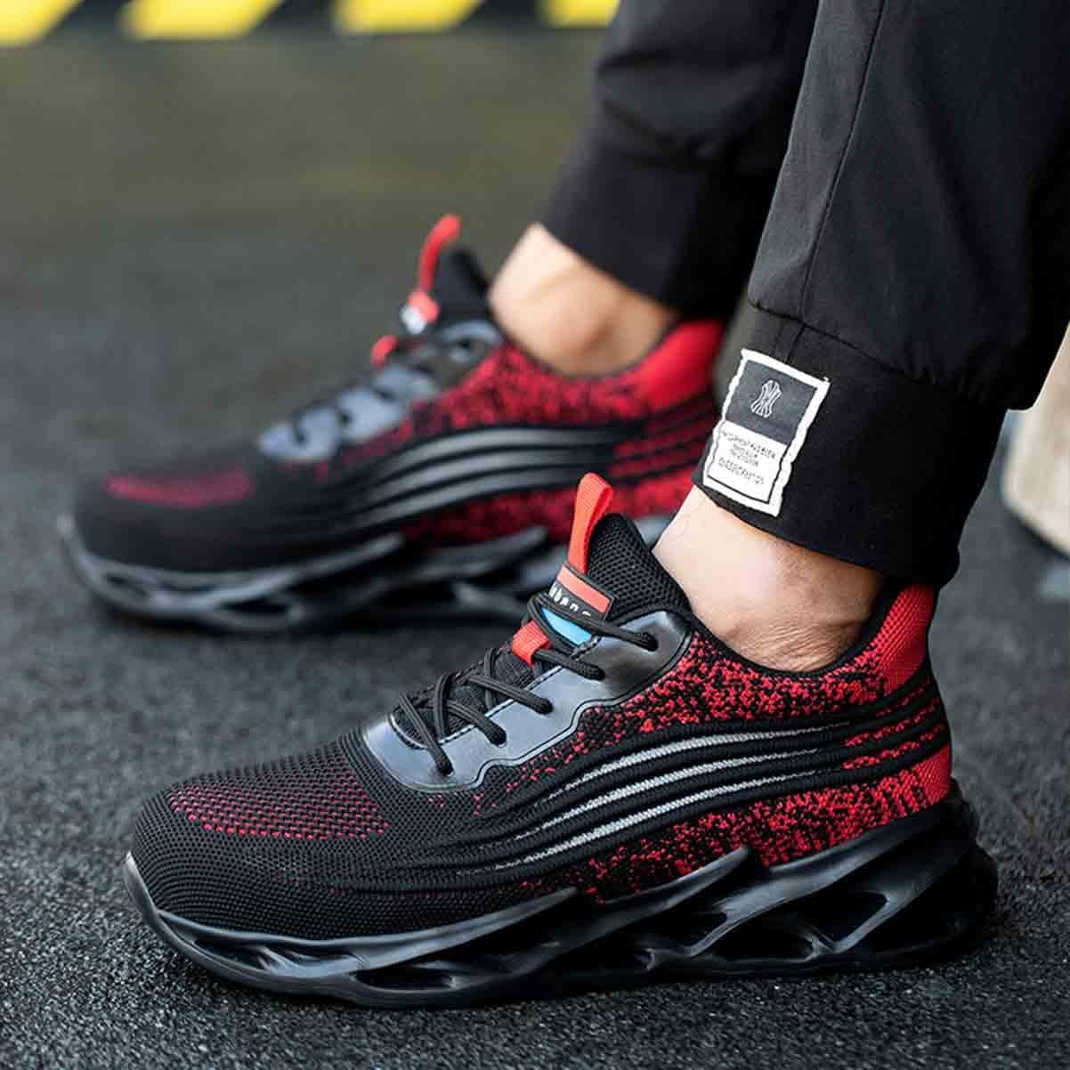 Breathable Work Safety Shoes, Steel Toe Protection Shoes, Anti-Smash and Anti-Puncture Labour Insurance Shoes, Anti-Slip Adventure Sneakers(Red,EU 39)