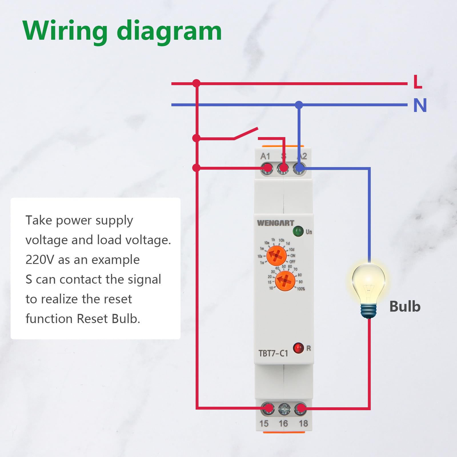 Wengart Relé de tiempo de retardo TBT7-C1, Delay Off_1SPDT Apagado retrasado relé de retardo de tiempo con función única, ACDC12-240V 16A, adecuado para el control de retardo de la carga