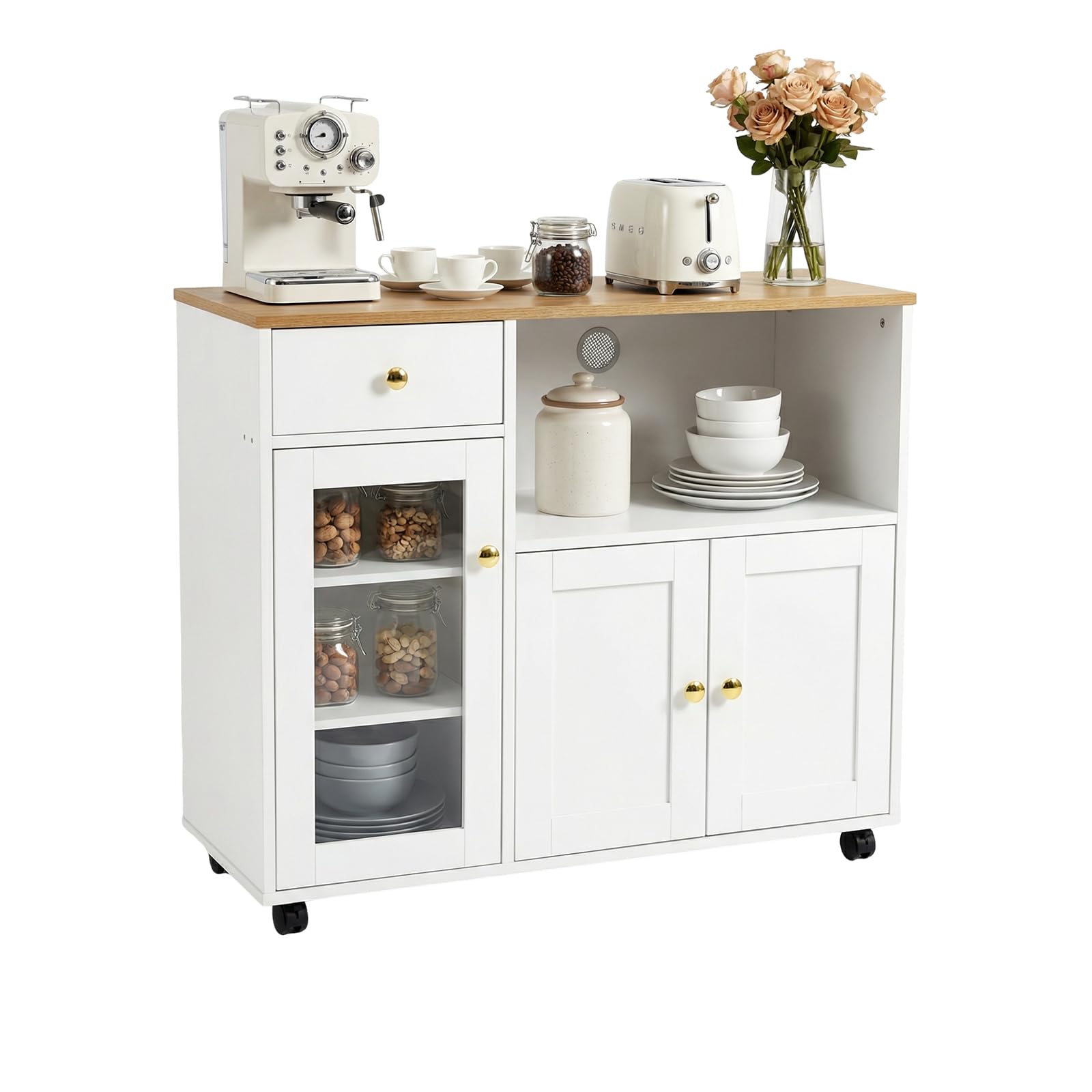 Küchenschrank mit Arbeitsplatte, Buffetschrank, Sideboard Küche mit Mikrowellenregal, Verstellbare Ablagen, für Küche, Esszimmer, Wohnzimmer, Weiß, 90 x 40 x 81.5 cm