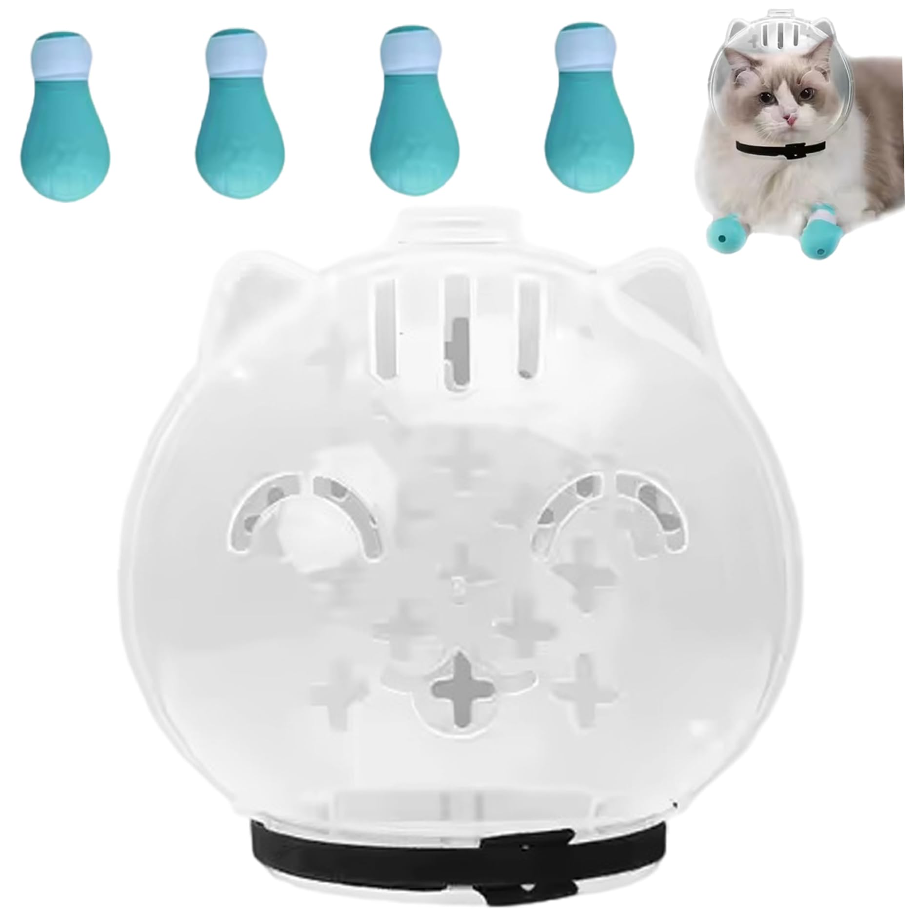 Cat Bubble Muzzle Breathable Cat Helmet for Grooming Anti Bite Transparent Head Cover with 4 Silicone Paw Shoes for Bath Nail Trimming, L