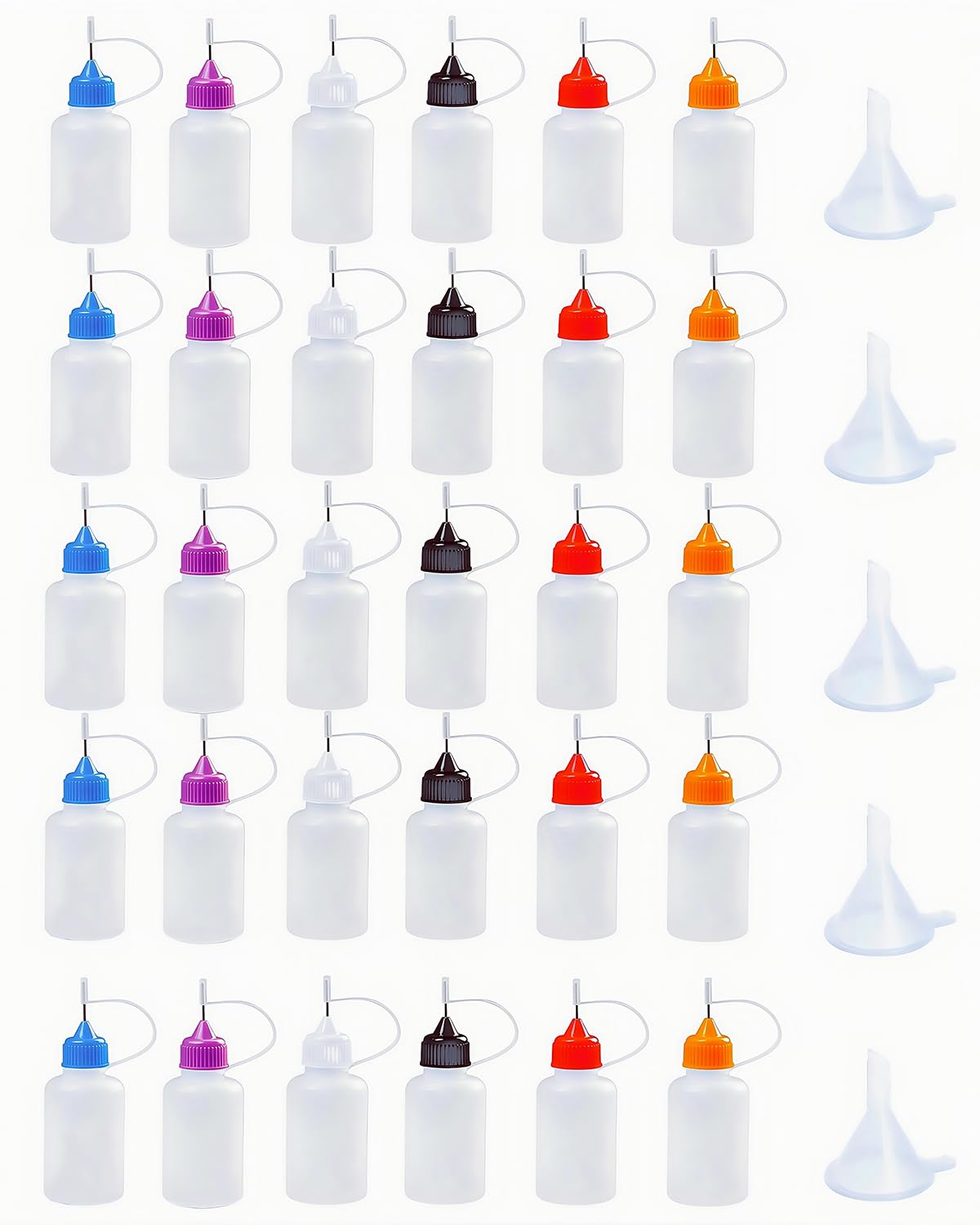 LJY Precision Applicator Bottle Set 1 Oz. - 30 Needle Tip Squeeze Bottles and 5pcs Mini Funnels for Acrylic Painting, DIY Quilling and Paper Craft